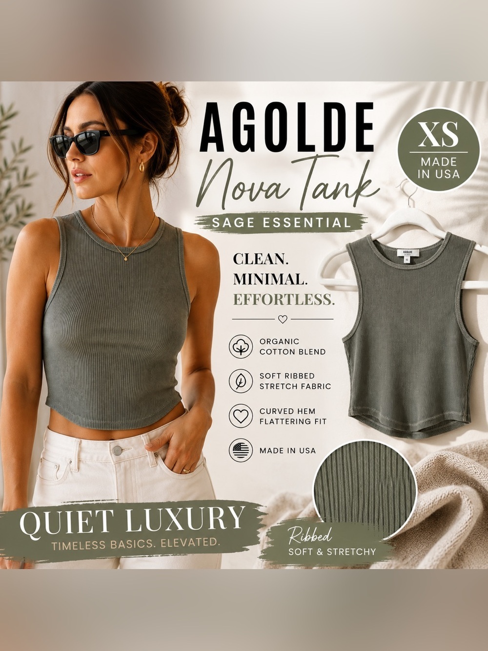 AGOLDE Nova Tank XS Sage Green Ribbed Organic Cotton Crop Tank